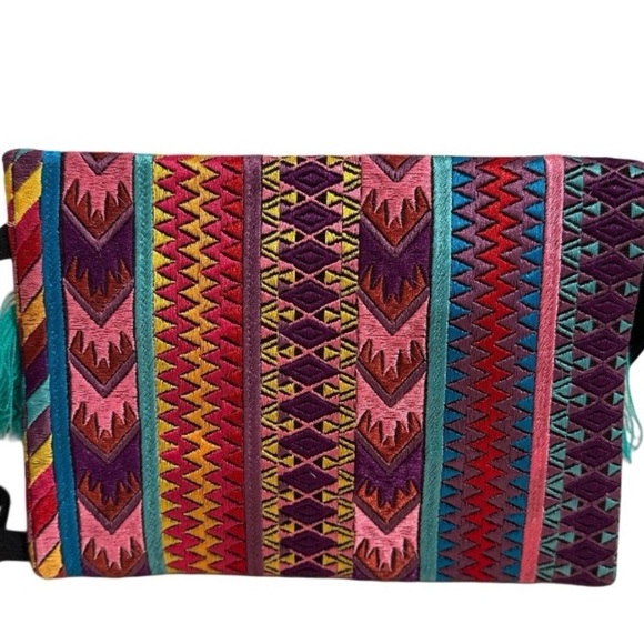 Ethnic Boho Large Clutch Suede Wristlet Bag Handmade Embroidery Tassels Indi NEW - Picture 6 of 16